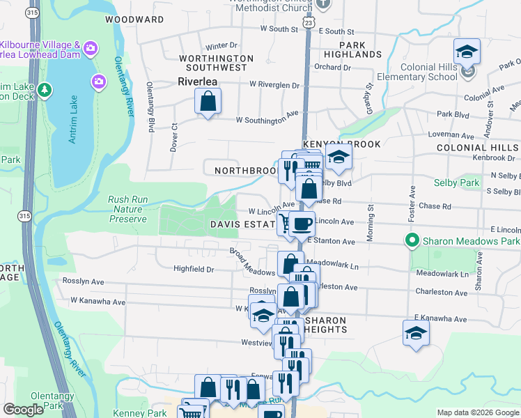map of restaurants, bars, coffee shops, grocery stores, and more near 115 West Lincoln Avenue in Worthington