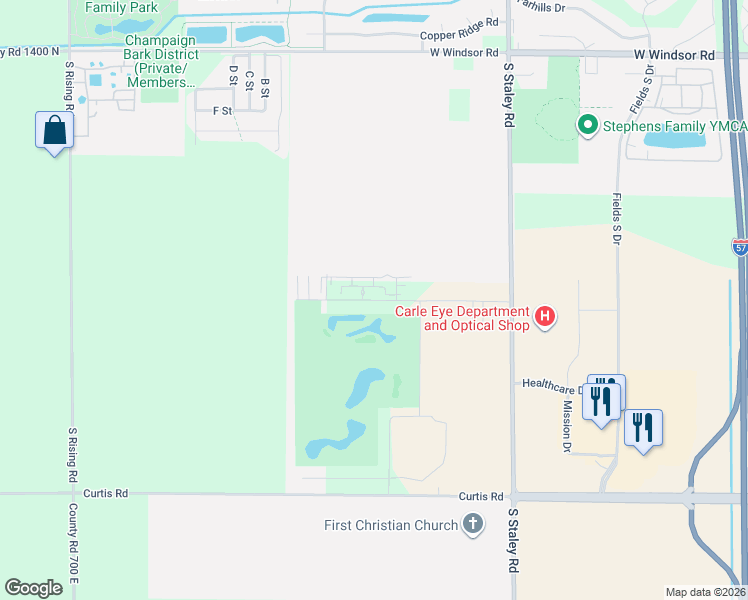 map of restaurants, bars, coffee shops, grocery stores, and more near 4521 Nicklaus Drive in Champaign