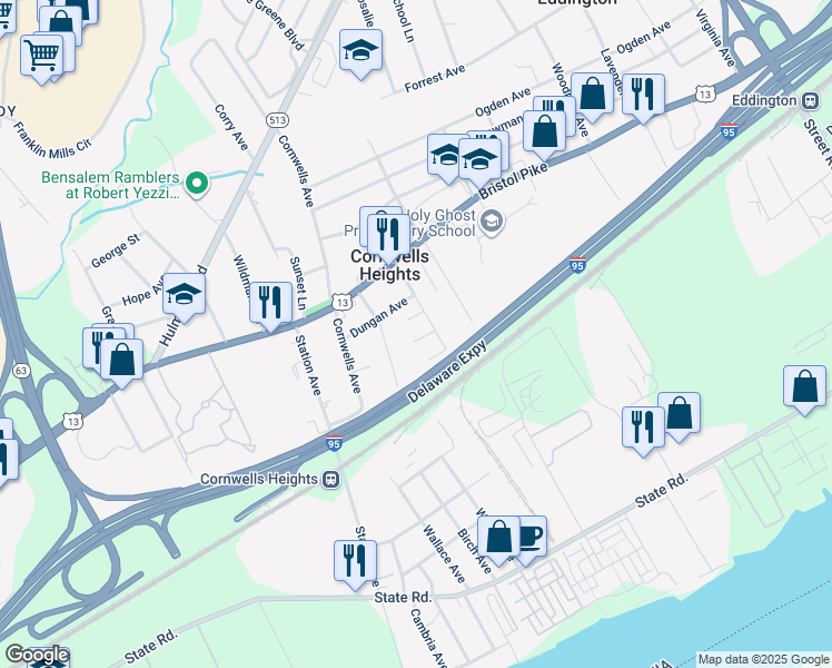 map of restaurants, bars, coffee shops, grocery stores, and more near 2240 Traylor Avenue in Bensalem
