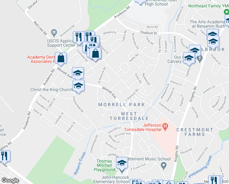 map of restaurants, bars, coffee shops, grocery stores, and more near 3331 Morrell Avenue in Philadelphia