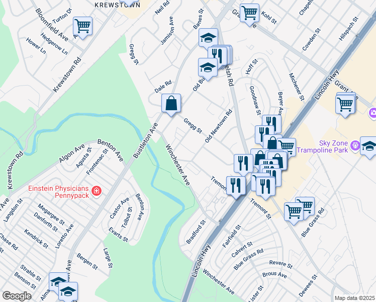 map of restaurants, bars, coffee shops, grocery stores, and more near 9128 Old Newtown Road in Philadelphia