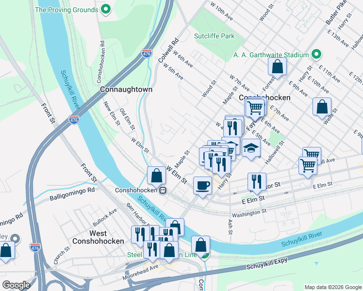 map of restaurants, bars, coffee shops, grocery stores, and more near 7 West 1st Avenue in Conshohocken
