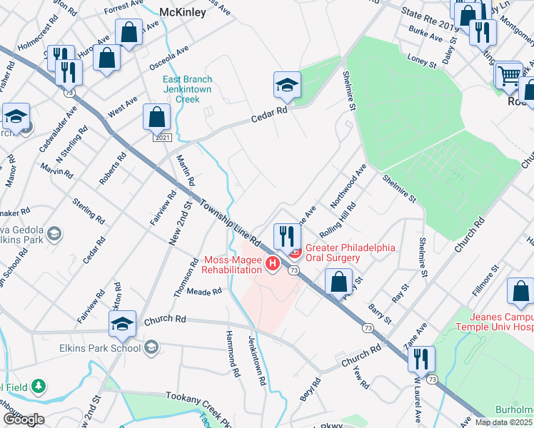 map of restaurants, bars, coffee shops, grocery stores, and more near 1613 Valley Glen Road in Elkins Park