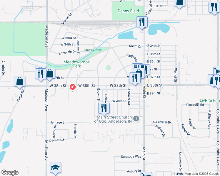 map of restaurants, bars, coffee shops, grocery stores, and more near 3826 Delaware Street in Anderson