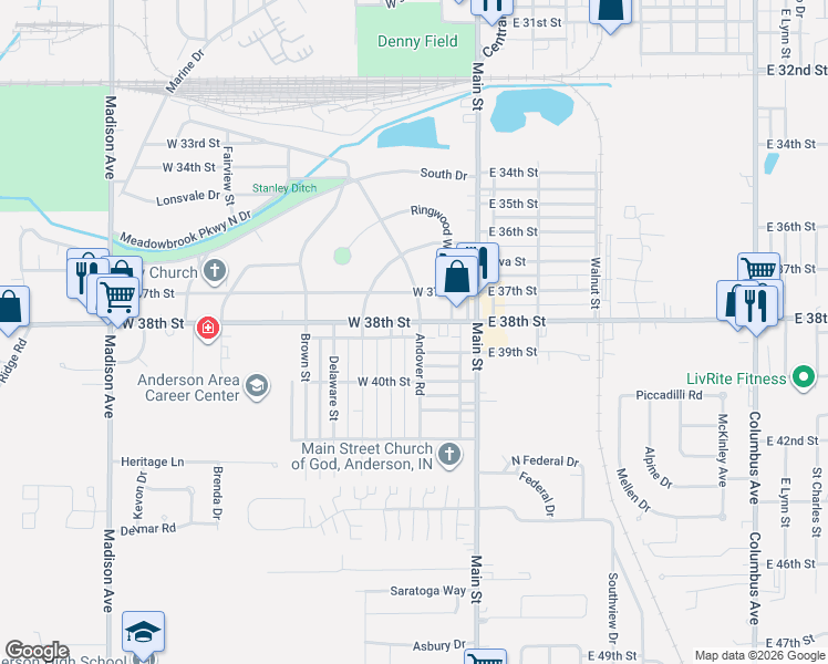 map of restaurants, bars, coffee shops, grocery stores, and more near 30 West 39th Street in Anderson