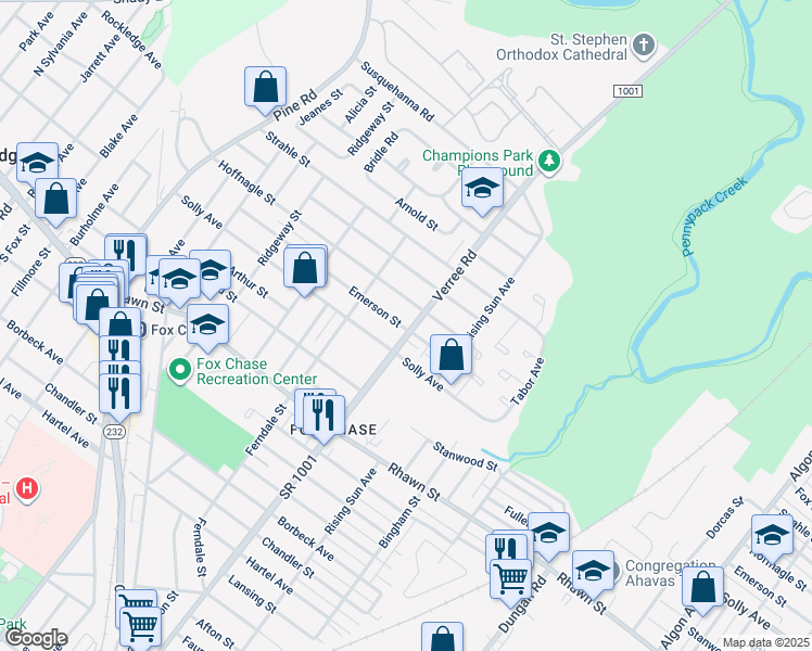 map of restaurants, bars, coffee shops, grocery stores, and more near 8233 Verree Road in Philadelphia