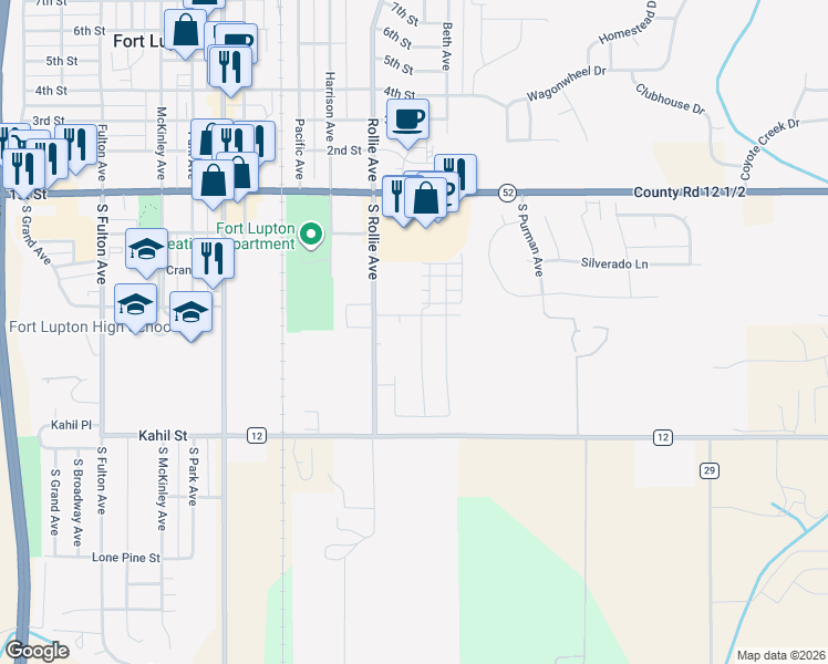 map of restaurants, bars, coffee shops, grocery stores, and more near 203 South Rollie Avenue in Fort Lupton