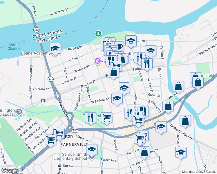 map of restaurants, bars, coffee shops, grocery stores, and more near 462 Locust Avenue in Burlington