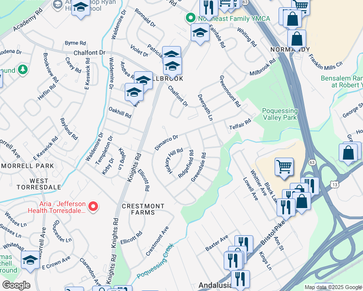 map of restaurants, bars, coffee shops, grocery stores, and more near 184 Hickory Hill Road in Philadelphia