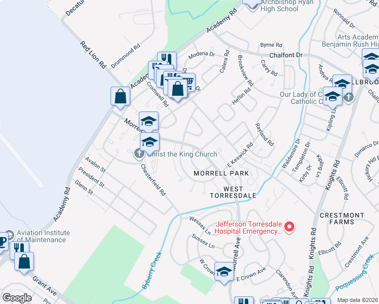 map of restaurants, bars, coffee shops, grocery stores, and more near 3329 South Keswick Road in Philadelphia