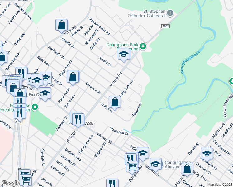 map of restaurants, bars, coffee shops, grocery stores, and more near 925 Hoffnagle Street in Philadelphia