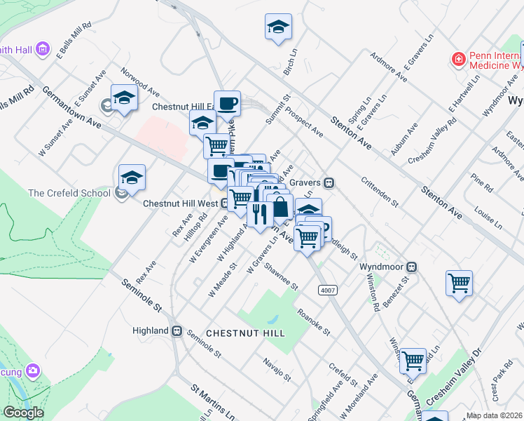 map of restaurants, bars, coffee shops, grocery stores, and more near 8429 Germantown Avenue in Philadelphia