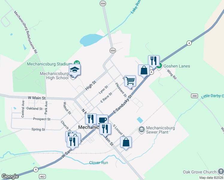 map of restaurants, bars, coffee shops, grocery stores, and more near 160 East Race Street in Mechanicsburg