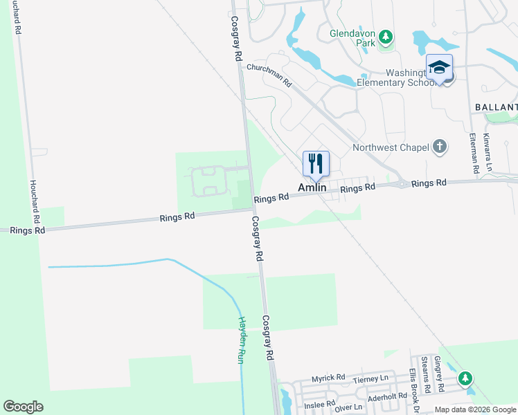 map of restaurants, bars, coffee shops, grocery stores, and more near 5428 Cosgray Road in Dublin