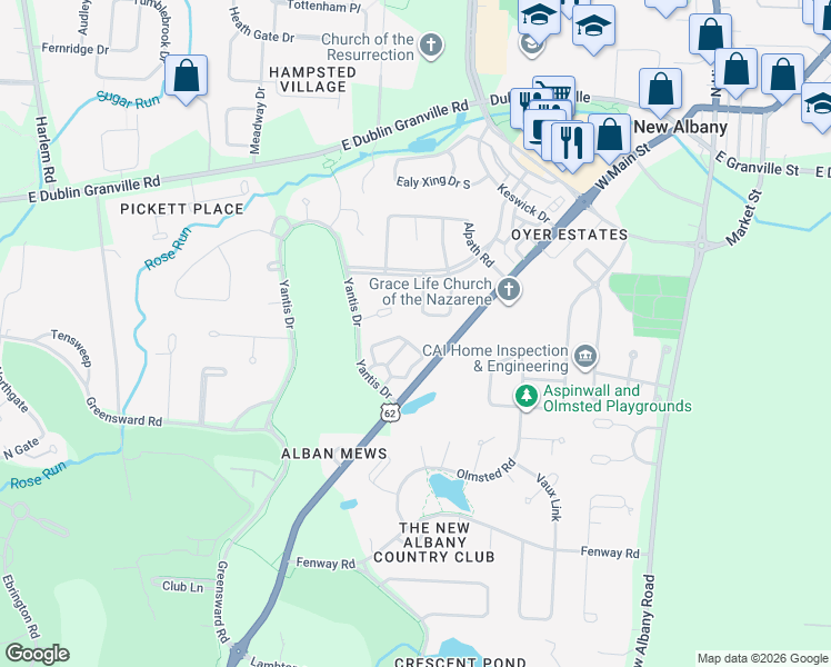 map of restaurants, bars, coffee shops, grocery stores, and more near 4531 Queen Ann Street in New Albany