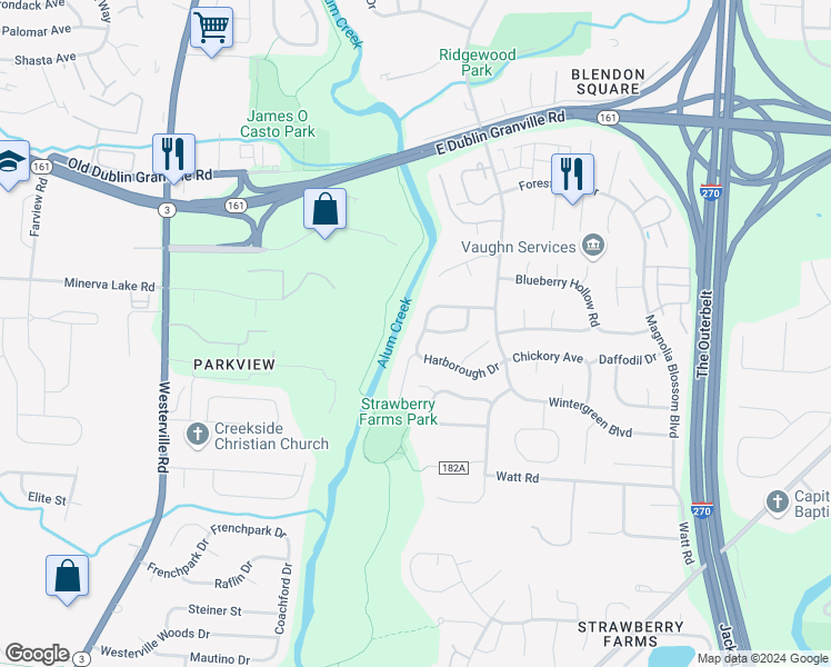 map of restaurants, bars, coffee shops, grocery stores, and more near 5105 Ormanton Drive in Columbus