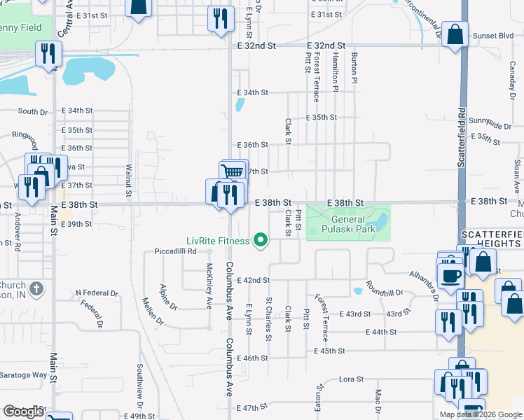 map of restaurants, bars, coffee shops, grocery stores, and more near 1125 East Co Road 200 South in Anderson