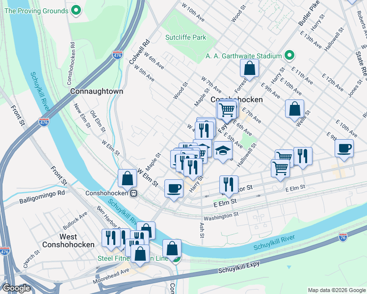 map of restaurants, bars, coffee shops, grocery stores, and more near 213A Forrest Street in Conshohocken