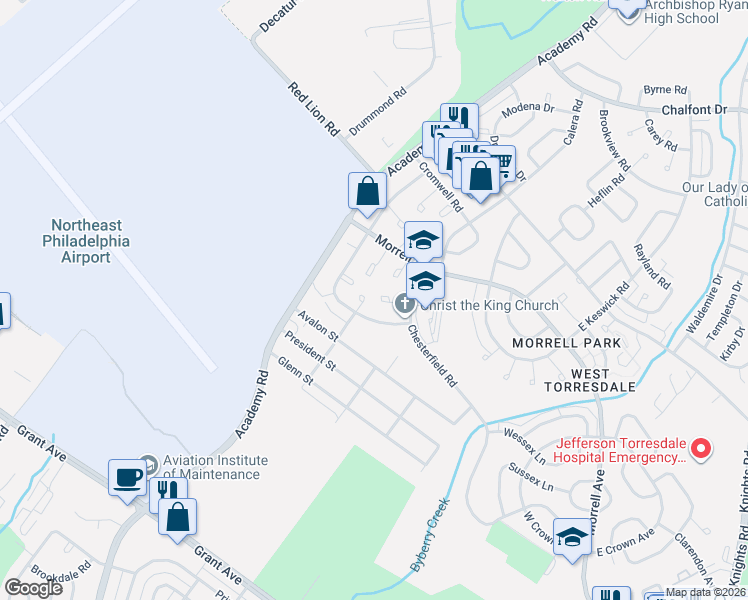 map of restaurants, bars, coffee shops, grocery stores, and more near 9927 South Canterbury Road in Philadelphia