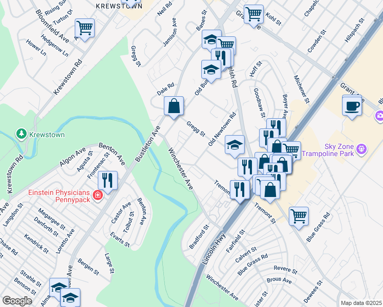 map of restaurants, bars, coffee shops, grocery stores, and more near 9128 Old Newtown Road in Philadelphia