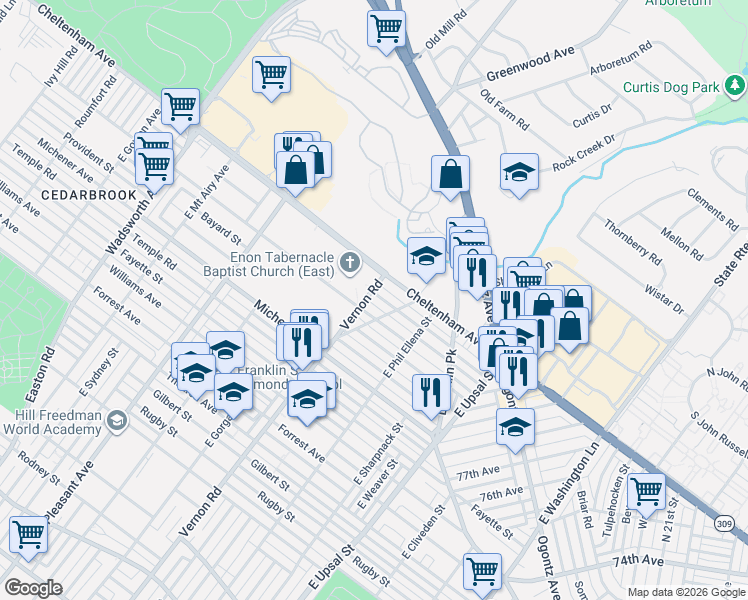 map of restaurants, bars, coffee shops, grocery stores, and more near 7939 Pickering Avenue in Philadelphia