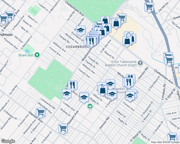 map of restaurants, bars, coffee shops, grocery stores, and more near 8255 Forrest Avenue in Philadelphia
