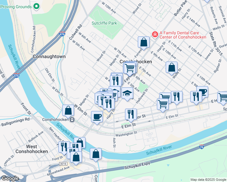 map of restaurants, bars, coffee shops, grocery stores, and more near in Conshohocken