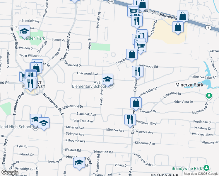 map of restaurants, bars, coffee shops, grocery stores, and more near 5192 Avalon Avenue in Columbus