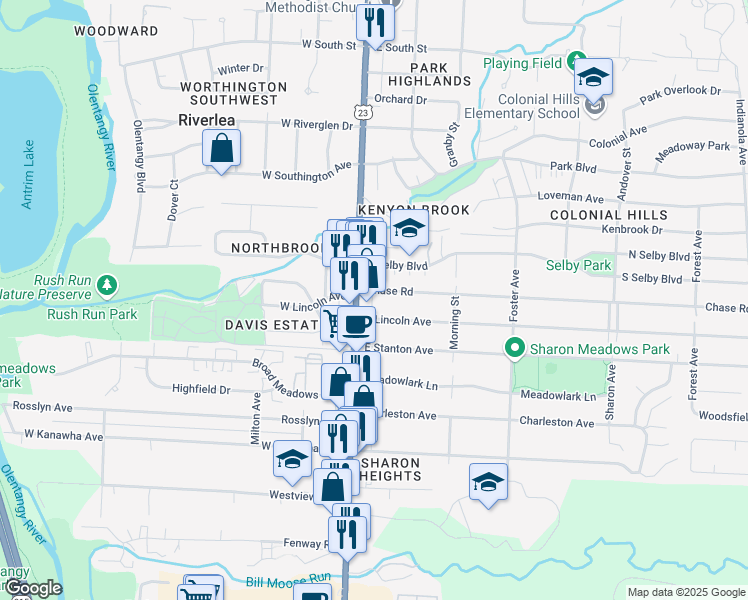 map of restaurants, bars, coffee shops, grocery stores, and more near 46 East Lincoln Avenue in Columbus