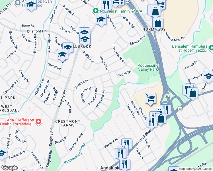 map of restaurants, bars, coffee shops, grocery stores, and more near 211 Parkdale Road in Philadelphia