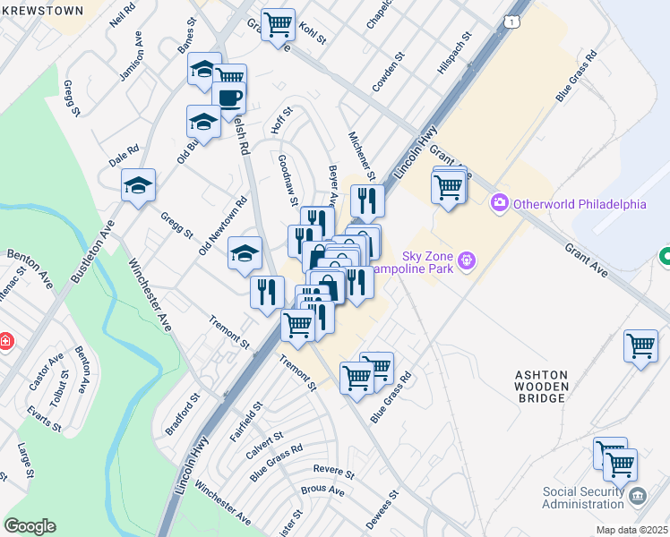 map of restaurants, bars, coffee shops, grocery stores, and more near 9259 East Roosevelt Boulevard in Philadelphia