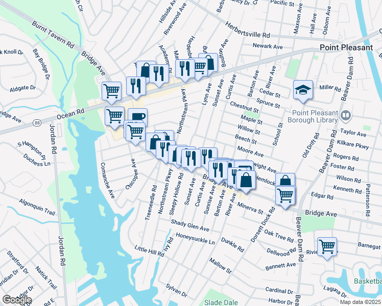map of restaurants, bars, coffee shops, grocery stores, and more near 1212 Sleepy Hollow Road in Point Pleasant