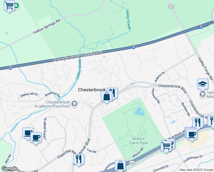 map of restaurants, bars, coffee shops, grocery stores, and more near 204 Mountainview Drive in Chesterbrook