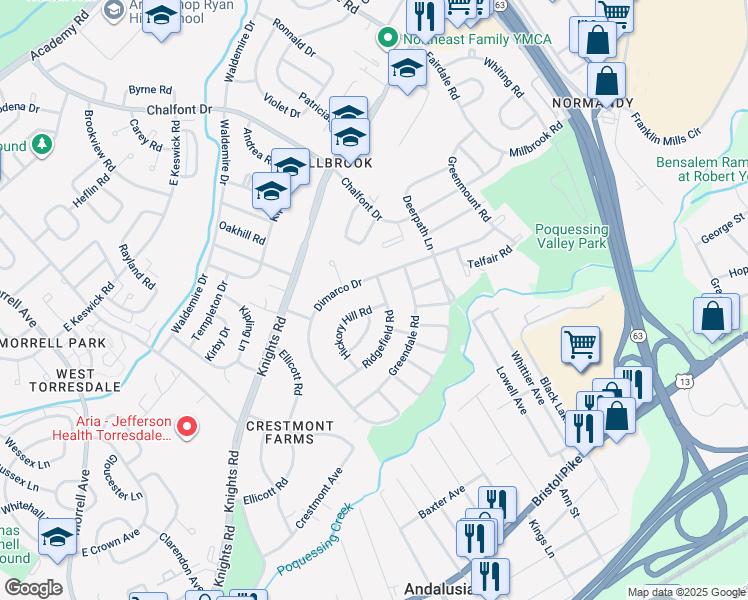 map of restaurants, bars, coffee shops, grocery stores, and more near 188 Hickory Hill Road in Philadelphia
