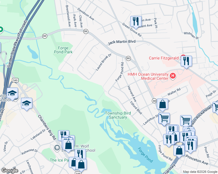 map of restaurants, bars, coffee shops, grocery stores, and more near 1616 Forge Pond Road in Brick Township