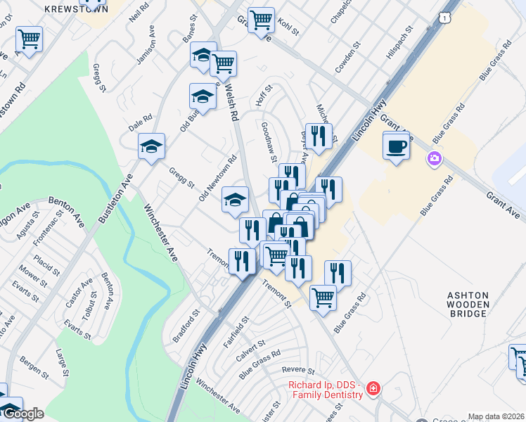 map of restaurants, bars, coffee shops, grocery stores, and more near 2131 Welsh Road in Philadelphia
