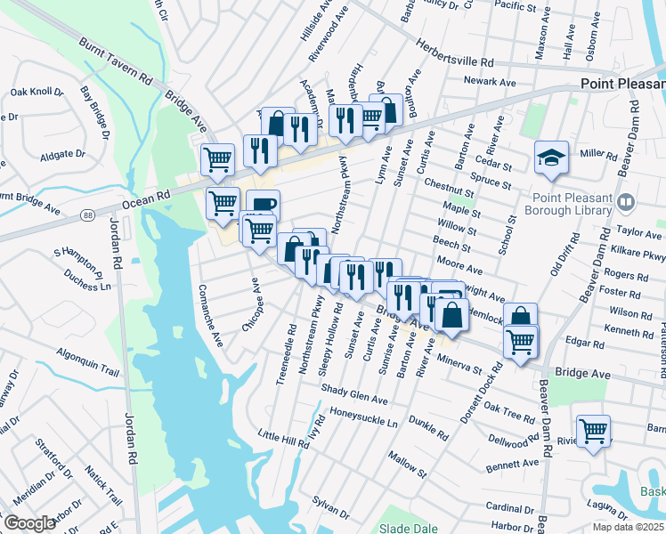 map of restaurants, bars, coffee shops, grocery stores, and more near 1016 Sunset Avenue in Point Pleasant