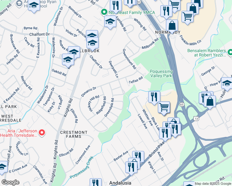 map of restaurants, bars, coffee shops, grocery stores, and more near 211 Parkdale Road in Philadelphia