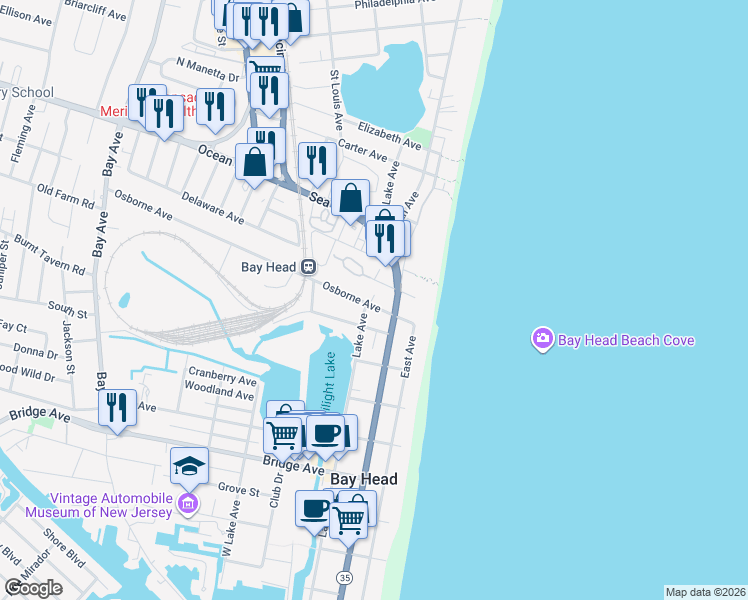 map of restaurants, bars, coffee shops, grocery stores, and more near 2 Twilight Road in Bay Head