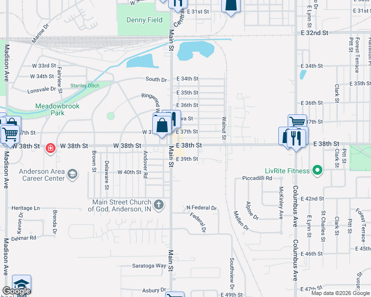map of restaurants, bars, coffee shops, grocery stores, and more near 117 East 39th Street in Anderson