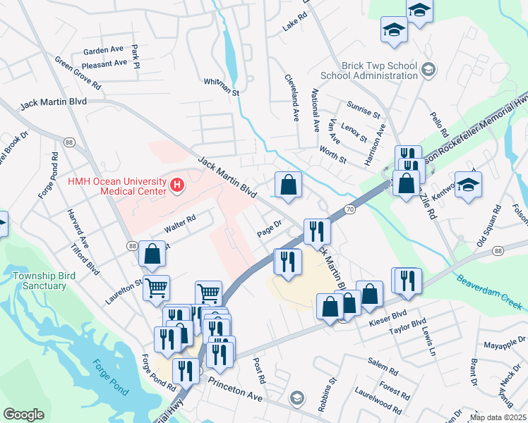 map of restaurants, bars, coffee shops, grocery stores, and more near 210 Chard Place in Brick Township