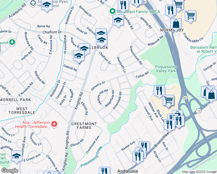 map of restaurants, bars, coffee shops, grocery stores, and more near 188 Hickory Hill Road in Philadelphia