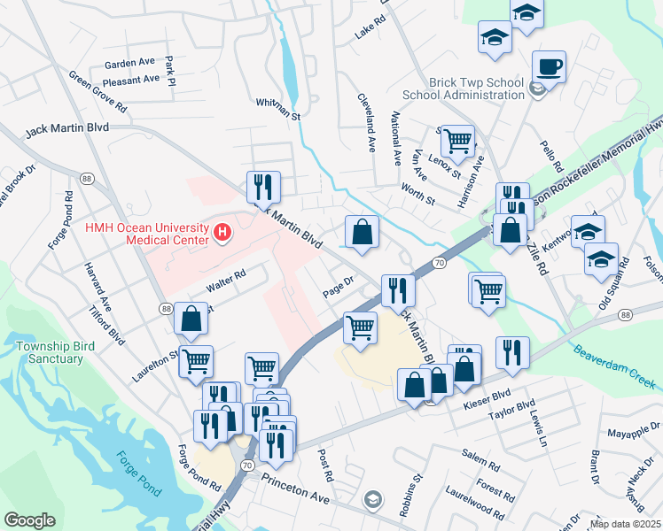 map of restaurants, bars, coffee shops, grocery stores, and more near 210 Chard Place in Brick Township