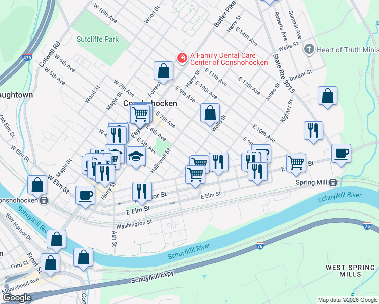 map of restaurants, bars, coffee shops, grocery stores, and more near 253 East 6th Avenue in Conshohocken