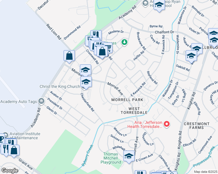 map of restaurants, bars, coffee shops, grocery stores, and more near 3304 Kayford Circle in Philadelphia