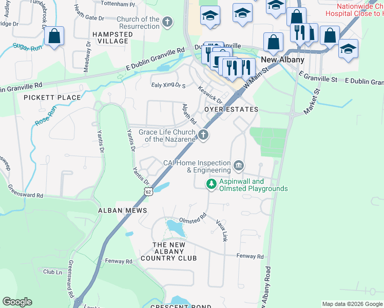 map of restaurants, bars, coffee shops, grocery stores, and more near 5930 Johnstown Road in New Albany