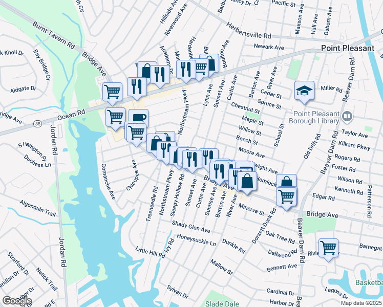 map of restaurants, bars, coffee shops, grocery stores, and more near 1212 Sleepy Hollow Road in Point Pleasant