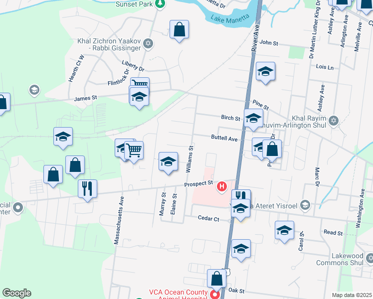 map of restaurants, bars, coffee shops, grocery stores, and more near 93 Williams Street in Lakewood