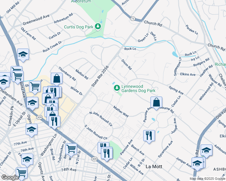 map of restaurants, bars, coffee shops, grocery stores, and more near 1950 Ashbourne Road in Elkins Park