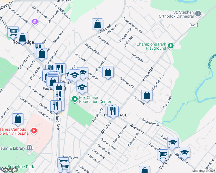map of restaurants, bars, coffee shops, grocery stores, and more near 8108 Ferndale Street in Philadelphia